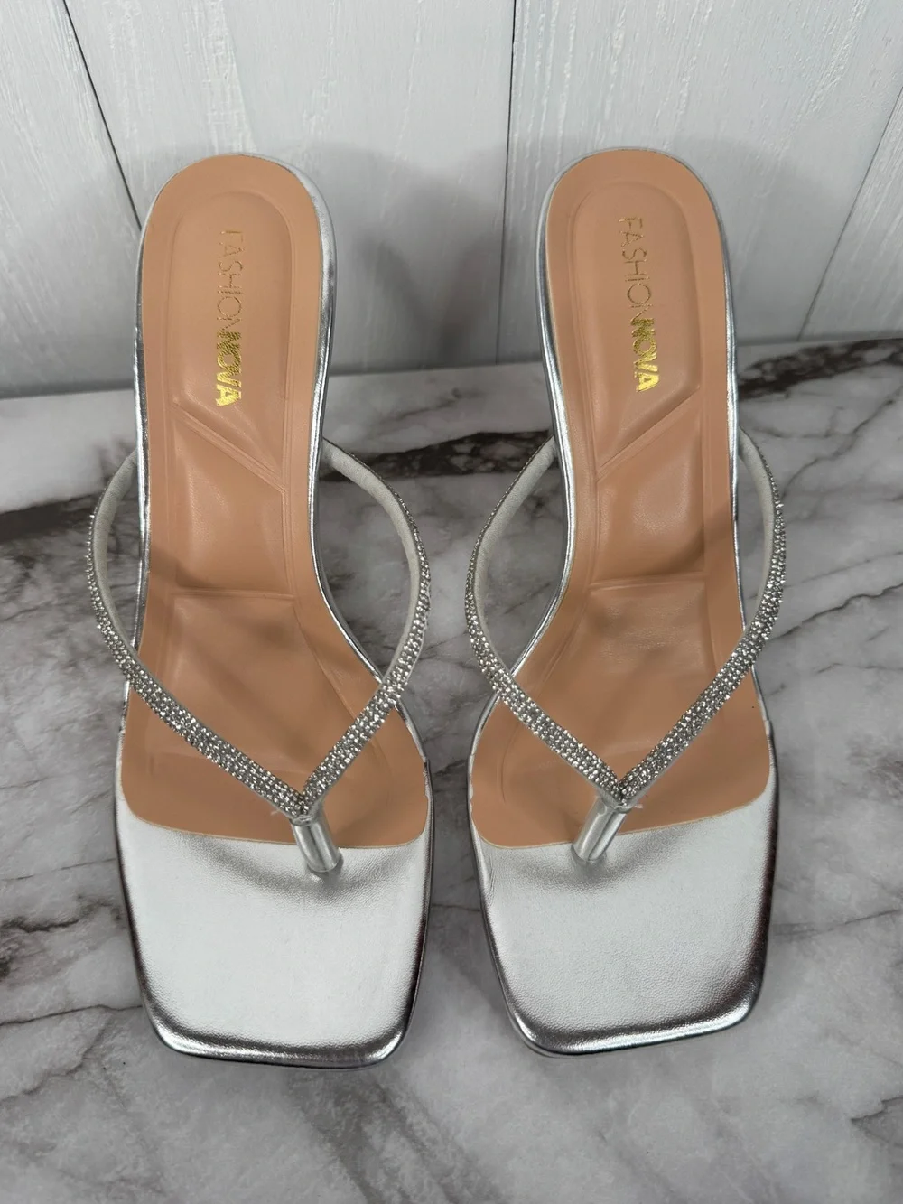Fashion Nova Rossie Silver Rhinestone Embellished Thong Sandals